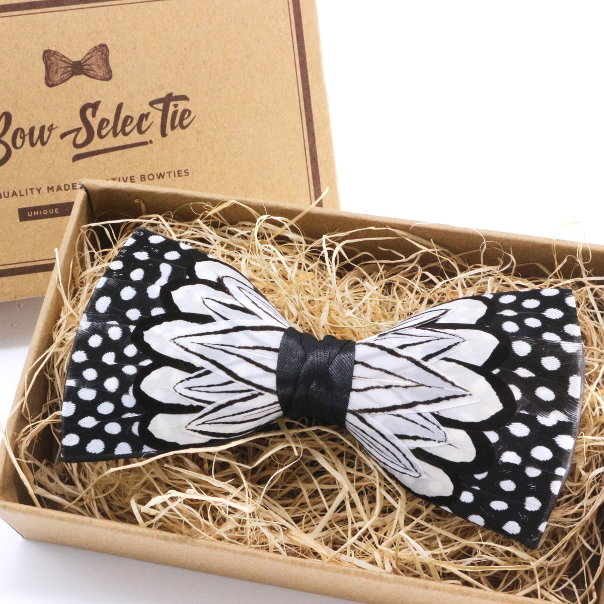 Black & White Polka Dot Feather Bow Tie