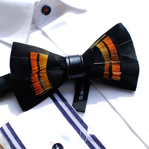  Vibrant Orange Feather Bow Tie & Lapel Pin Set, Handmade  Accessory for Men