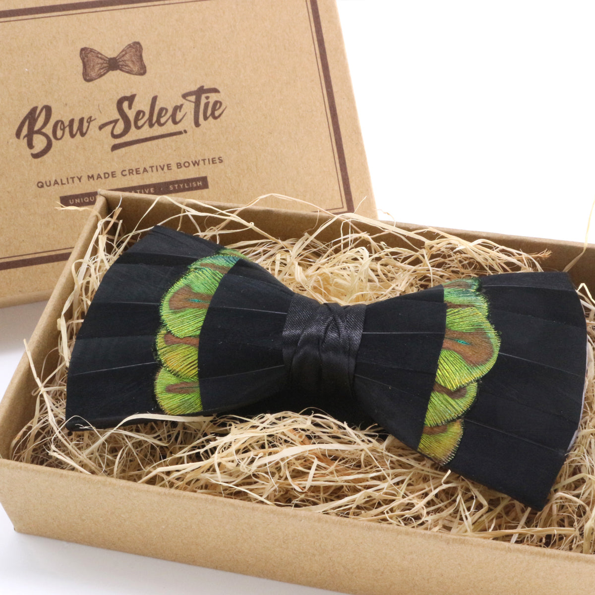 Black & Green Feather Bow Tie