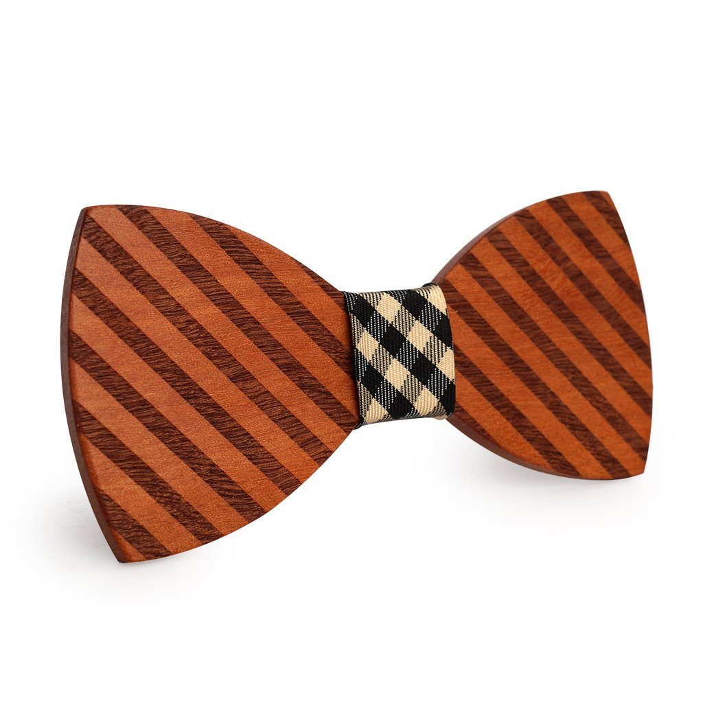 Double Broad Striped Wooden Bow Tie