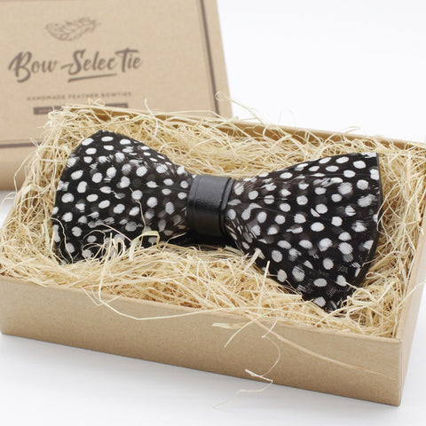 Polka Dotted Guinea Fowl Feather Bow Tie